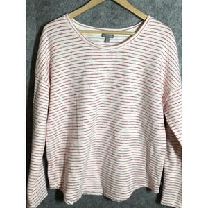 Talbots Sweater Womens Petite Medium White Red Stripe Cotton Button Sleeve Boat